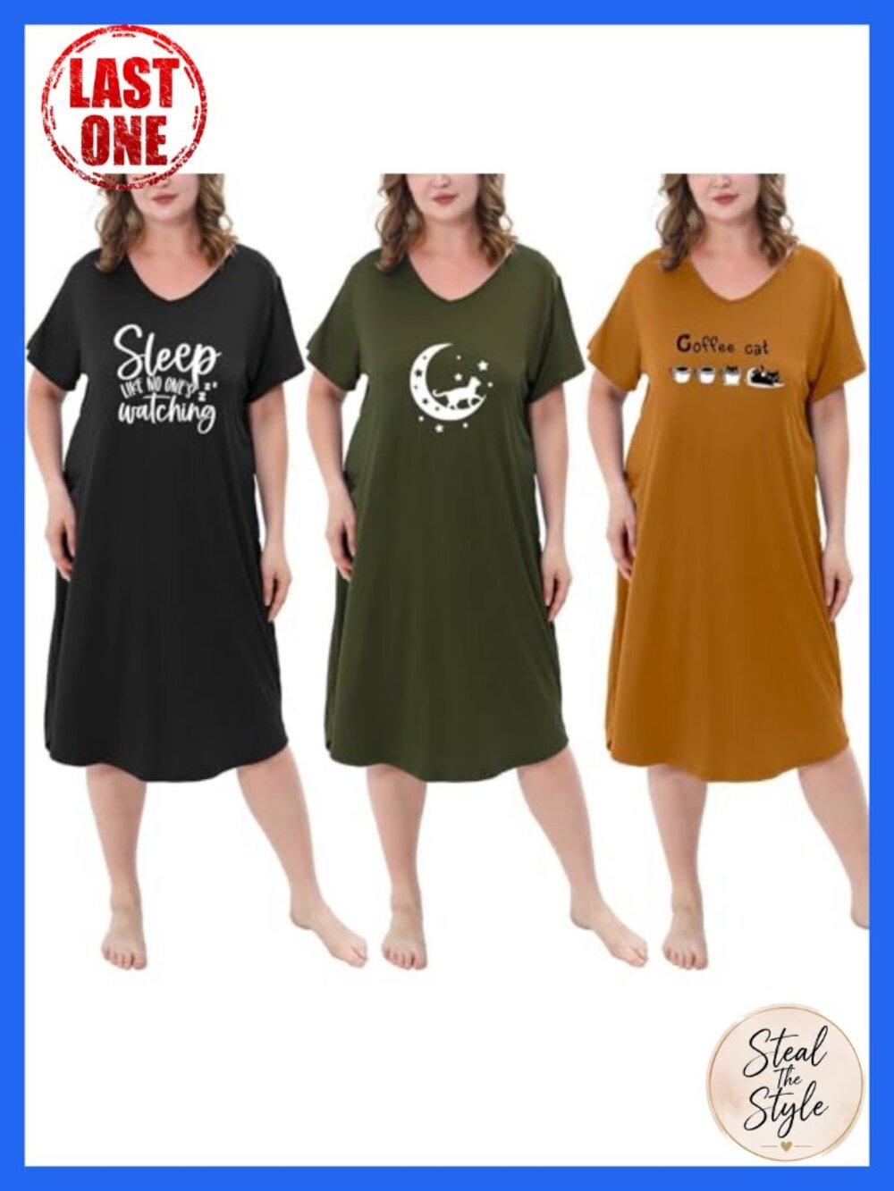 Plus Size Nightgowns 3 Pack V Neck Short Sleeve Soft Printed Sleepwear Lounge